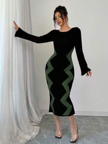 Elenzga Vestido de punto elegante de manga larga y cuello redondo con rayas onduladas ajustado para mujer - Verde Oliva - Ver 7