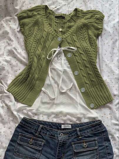 Chiquease New Vintage Single-Breasted Raglan Sleeve Cable Knit Top