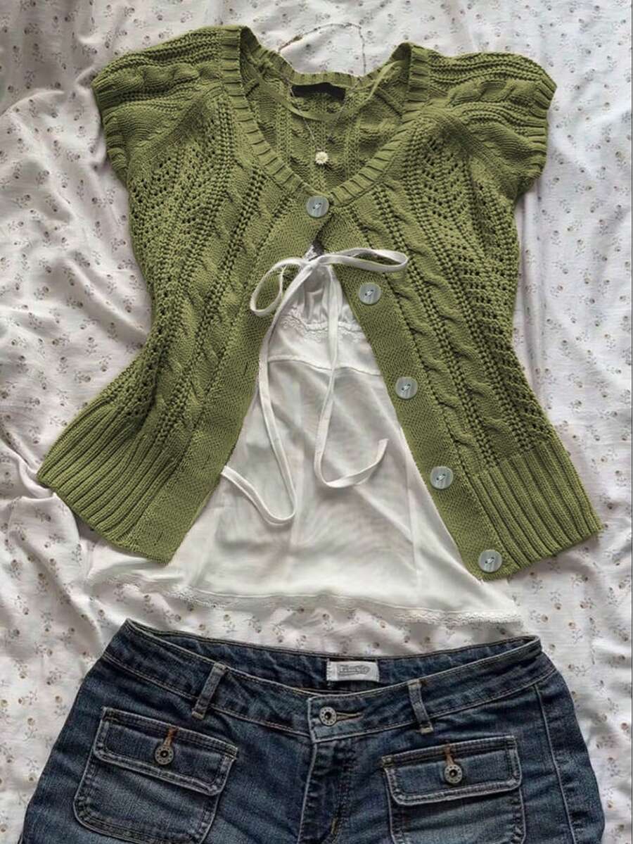 Glimmora 新款复古单排扣插肩袖麻花针织上衣 - 橄欖綠 - 查看 1