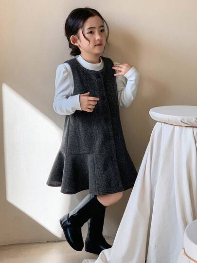 DAZY 韩版少女圆领纯色无袖叠层连衣裙