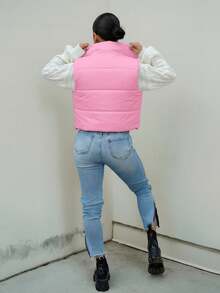 SAYEHFBABY 女式浅粉色拉链双面纽扣灯芯绒抽绳短款背心夹克秋冬 - 淺粉色 - 查看 2