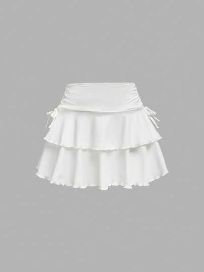 SHEIN Girlism Falda de cintura con cordón de unicolor tejida de estilo de ropa urbana para niña preadolescente con dobladillo fruncido