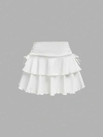 SHEIN Girlism Tween Girl Streetwear Style Knitted Solid Color Drawstring Waist Ruched Hem Skirt
