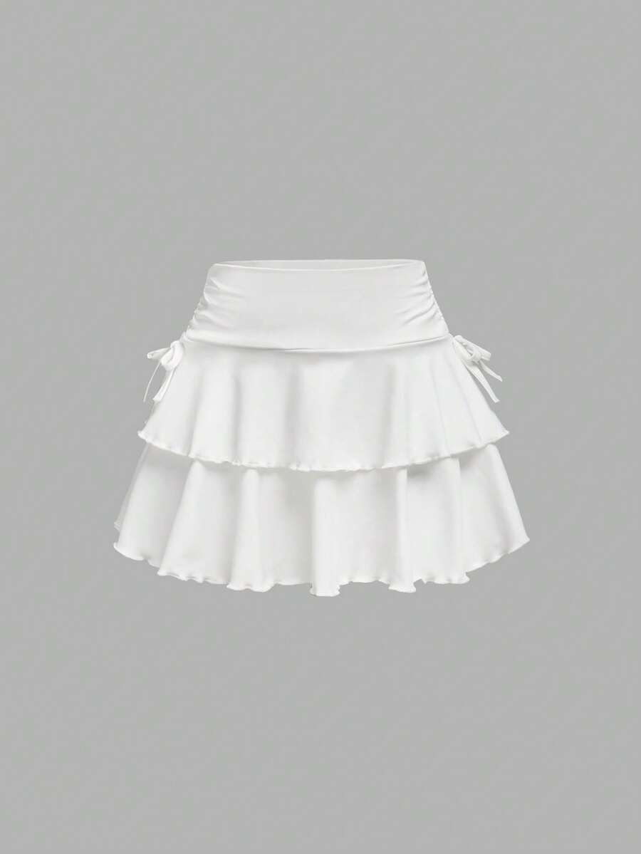 SHEIN Girlism Tween Girl Streetwear Style Knitted Solid Color Drawstring Waist Ruched Hem Skirt