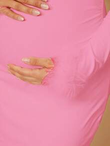 Loomaby Maternity Elegant Patchwork Fuzzy Cuff Dress, Autumn Babyshower Dress Maternity Maternity Dress Pink Pink Maternity Dress Baby Shower Dress Pink Pink Birthday Outfit Women - Pink - View 6