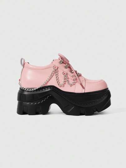 Grunge Punk Women's Y2K Punk Rock Lace-Up Chain Gothic Shoes, Black Loafers, Lace-Up Mary Jane Flats, Formal Work Shoes, Platform & Wedge Heels