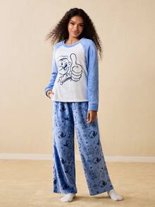 Popeye X SHEIN Women's Comfortable Cartoon Pattern Contrast Color Raglan Sleeve Top And Pants Pajama Set, Autumn Warm Flannel Pajama Set Loungewear Set , Fluffy Cozy Winter Clothes - Blue - View 3