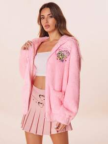 My Little Pony X SHEIN 女士休闲字母和马匹刺绣抓绒连帽外套，秋冬款