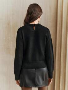 Anewsta Elegant Wool Blend Solid Color Fuzzy Fabric Crystal Rhinestone Collar Pullover Sweater, Autumn/Winter - Black - View 7