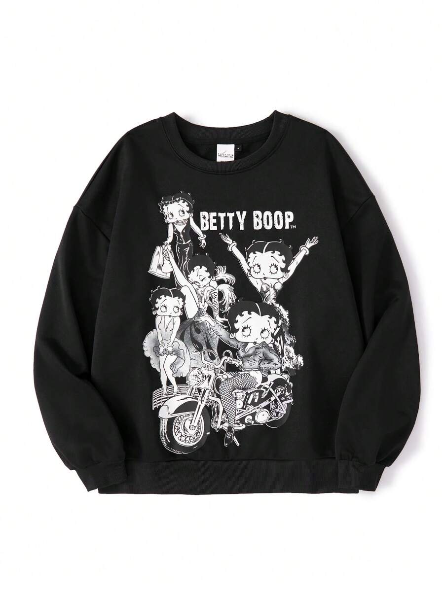 Betty Boop x SHEIN 女士字母卡通图案圆领长袖T恤 - 黑色 - 查看 1