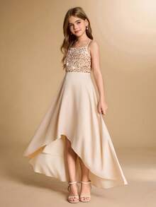 优雅花童礼服，适合毕业典礼、婚礼、舞会、万圣节、圣诞节等场合；香槟色缎面亮片吊带露背长裙，适合少女；时尚薄纱公主裙，适合返校季穿着。 - 香檳色 - 查看 4