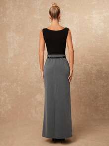 Lumalex Winter Fall High Waist Flared Hem Slit Skirt With Belt Two Piece Set Grey Two Piece Set Modest Two Piece Set Skirt Suit Gray Dresses For Women Luxury Prom Gathering Party Banquet Modest Old Money Coquette Glitter Holiday Party Rave Festival Outing Vacation Hot Outdoor Richly Layered Wedding Season Banquet ID Al-Adha Al-Adha Party New Year Chic Autumn Fall New Style Women Gala Night Delicate Outdoor-Ready Cold-Proof Essential Winter Travel Gear - Grey - View 3