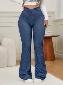 SHEIN Unity Women's High Neck Knotted Waist Casual Versatile Solid Color Jeans - Dark Wash - View 6