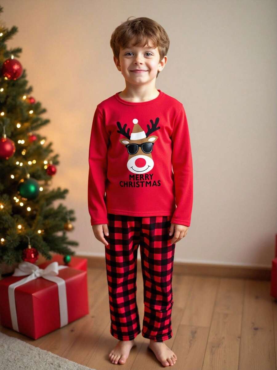 两件套男童圣诞主题套装 - 驯鹿太阳镜印花长袖上衣和格子宽松针织裤休闲家居服套装 - 紅色 - 查看 1