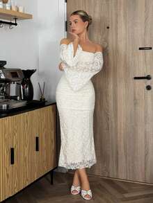 Bethéva Vestido ajustado de encaje de flores de malla con hombros descubiertos, estilo vintage elegante de punto jacquard para mujer. Atuendo casual para vacaciones, fiestas, verano. Vestido blanco de verano para mujer. Vestido de fiesta, cumpleaños, boda, Pascua, primavera. - Albaricoque - Ver 6