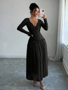 Modelyn Women's Sweetheart Neck Ruffle Patchwork Cinched Waist Dress - Black - View 7