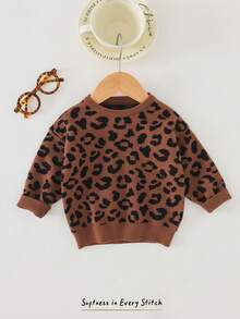 Cozy Pixies 女婴豹纹针织圆领长袖套头毛衣，居家休闲皆宜，秋冬季款 - 黑色 - 查看 3