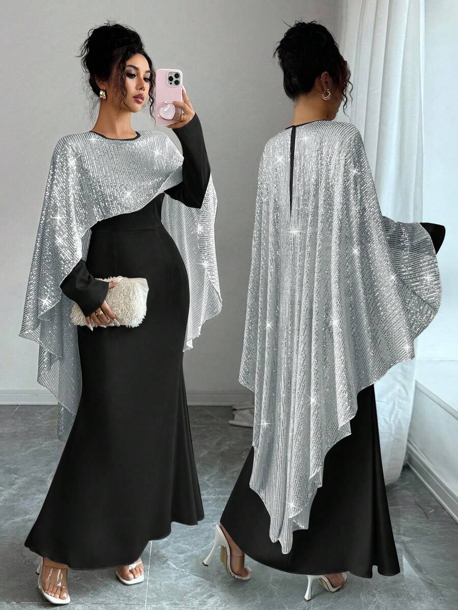 Elenzga Đầm suông dài tay màu trơn đính sequin có thể tháo rời cho nữ mùa thu thanh lịch - màu đen - Xem 1