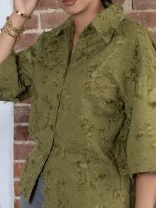 Olive Green 3/4 Sleeve Casual Shirt, Relaxed Fit, Classic Collar, Comfortable To Wear - Olive Green - View 6