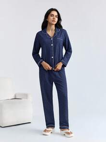 Loungeista 女士长袖上衣和裤子两件套睡衣套装，休闲宽松翻领家居服，居家外出皆宜，春夏秋冬皆可穿着，秋季服装 - 藏蓝色 - 查看 3