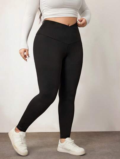 Enliva Plus Size Women Black Casual Minimalist Versatile Commute Solid Color Overlap High Waist Elastic Skinny Leggings,Fall Clothes For Women,Friendly To Round Body Curves