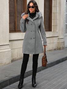 EMERY ROSE Women's Fashionable Double-Breasted Hooded Overcoat, Light Gray - Light Grey - View 5