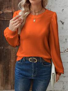 EMERY ROSE Women's Casual Solid Color Round Neck Puff Sleeve T-Shirt, Autumn - Orange - View 4