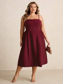 SHEIN CURVE+ Elegant Women's Spaghetti Strap Long Puff Dress, Suitable For Daily Dates, Outings, Nightclubs, Parties, Autumn Season/Christmas