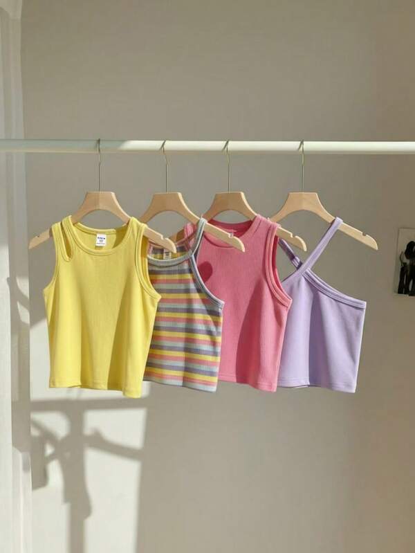 Set de 4 tops cortos con diseño cruzado y calado de colores tipo macarrón para niñas