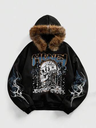 Goth بلوزة رجالية بغطاء رأس مطبوع عليها حرف وجمجمة بأكمام طويلة وياقة من الفرو، كاجوال للخريف/الشتاء