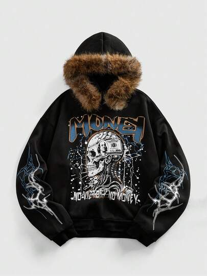 Street Life بلوزة رجالية بغطاء رأس مطبوع عليها حرف وجمجمة بأكمام طويلة وياقة من الفرو، كاجوال للخريف/الشتاء