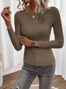 SHEIN LUNE Jersey de punto acanalado con cuello de barco, tops de manga larga para otoño/invierno - Marrón Mocha - Ver 4