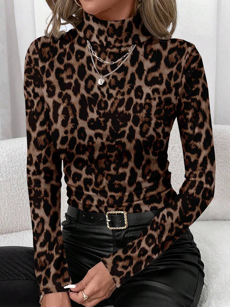 SHEIN Clasi Women's Casual Turtleneck Tight Fit Long Sleeve T-Shirt, Leopard Print, Suitable For Autumn/Winter - Multicolor - View 1