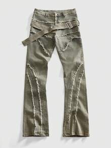 ROMWE MEN Street Life Men's Waist Buckle Design Frayed Distressed Layered Punk Denim Jeans - Dark Wash - View 1