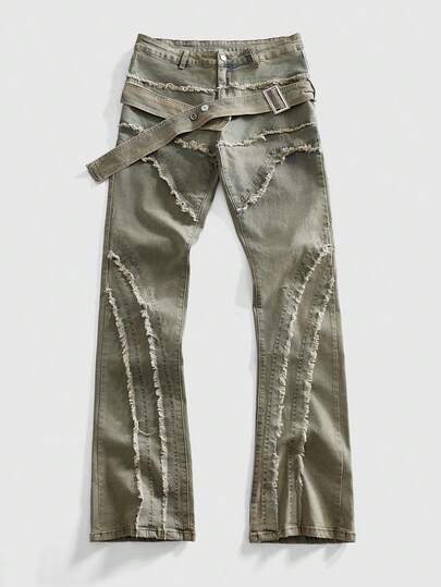 Street Life Jeans en denim déchiré et délavé avec boucle de ceinture pour hommes