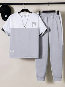2pcs/Set Teenage Boys' Casual Contrast Color Patchwork Letter Print T-Shirt And Sports Pants Set - Grey - View 4