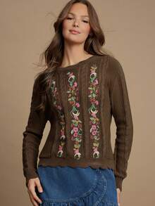 WESTFADE Floral Embroidered Cable Knit Crew Neck Long Sleeve Relaxed Knit Sweater - Volcanic Gray - View 5