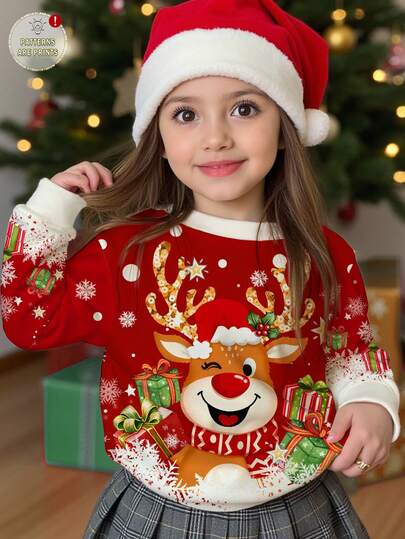 SHEIN Sudadera de manga larga de punto cómoda y holgada con estampado gráfico de renos y copos de nieve en degradado rojo y blanco, apropiada para otoño/invierno, para niñas jóvenes