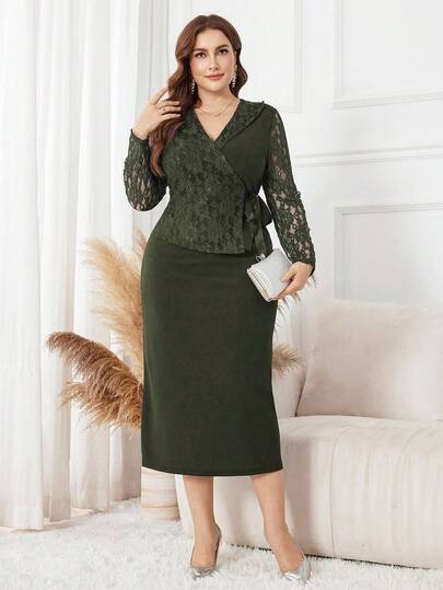 Lacomfia 大码女式不对称领系带蝴蝶结蕾丝拼接优雅休闲通勤连衣裙