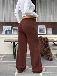 SHEIN EZwear Women's Autumn/Winter New Brown Cable Knit High Waist Loose Pants - Coffee Brown - View 2