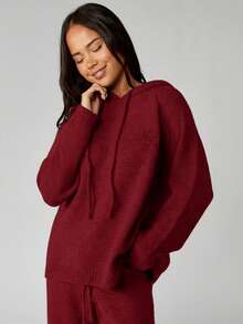 MISSGUIDED Knitted Oversized Hoodie Sweater With Logo Embroidery For Cozy Winter Layering Christmas - Burgundy - View 3