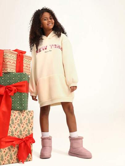 SUMWON Vestido sudadera con capucha extra grande con estampado gráfico de Nueva York y bolsillo central para uso casual en la calle