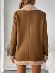 SHEIN LUNE Áo khoác ấm áp bằng vải nỉ Teddy chắp vá màu tương phản thời trang thu đông cho nữ, lót da lộn giả - màu nâu - Xem 2