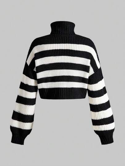 Kawaii Casual Cute Black Cat Embroidery Striped Turtleneck Sweater For Girls