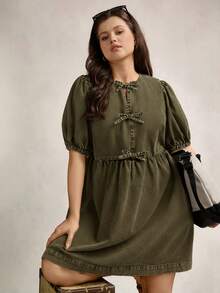 Zelara Plus Size Washed Collar Bow Pocket Dress - Army Green - View 8