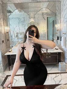 Flirla 加大码性感紧身连衣裙，V领，蕾丝拼接，蝴蝶结装饰，蝙蝠袖，修身收腰 - 黑色 - 查看 3