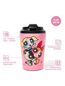 THE POWERPUFF GIRLS X SHEIN 12 Oz / 360 Ml  Vacuum Insulation Stainless Steel , Coffee Cup Leak-Proof Cover, Suitable For Hot Drinks / Cold Drinks, Suitable For Most Cup Holders,Gift Ideas - 粉色 - 查看 3