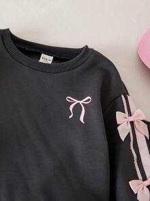 SHEIN 女婴可爱灰色蝴蝶结高领长袖卫衣长裤套装，秋冬款 - 灰色 - 查看 5