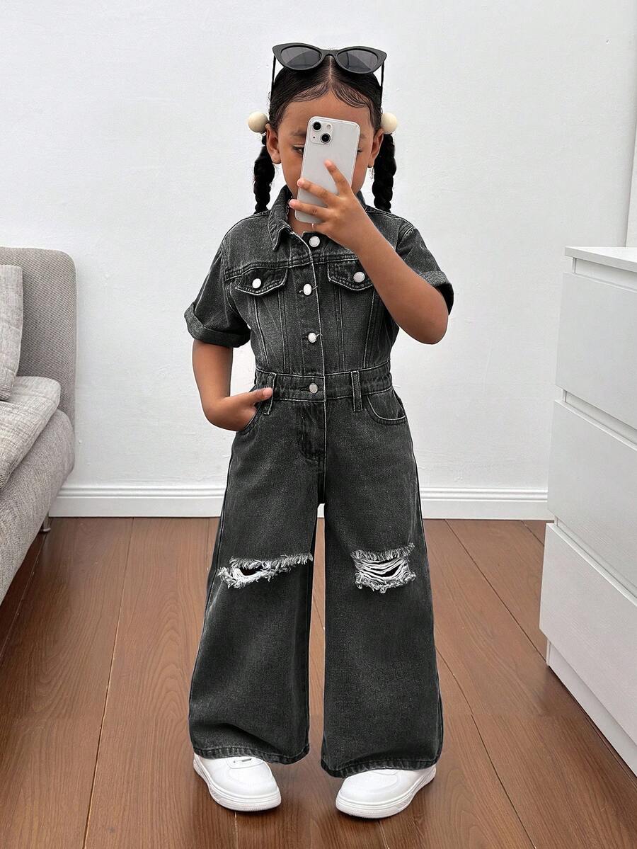 SHEIN 年轻女孩蓝色牛仔破洞衬衫式连体裤，酷炫街头造型 - 黑色 - 查看 1