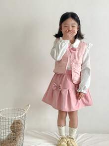 SHEIN 3pcs/Set Young Girls Autumn/Winter New 2025 Outfit, Collar Ruffle Flutter Sleeve Elastic Cuff Cardigan, Bow Vest, Pink Pleated Skirt, Sweet & Fashionable Versatile 3-Piece Set - Multicolor - View 1